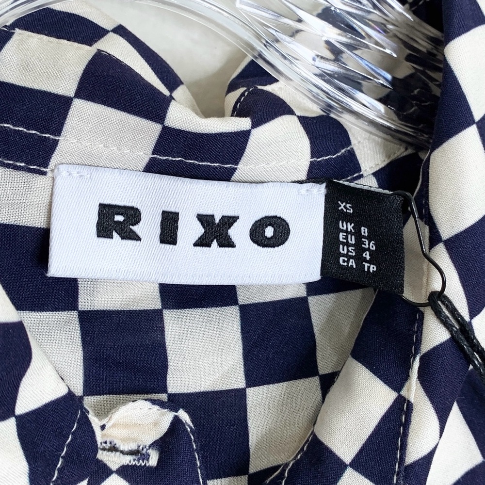 NEW RIXO Maddison Shirtdress (Sz XS) Long Sleeve Midi Navy Cream Checkerboard - Picture 12 of 16